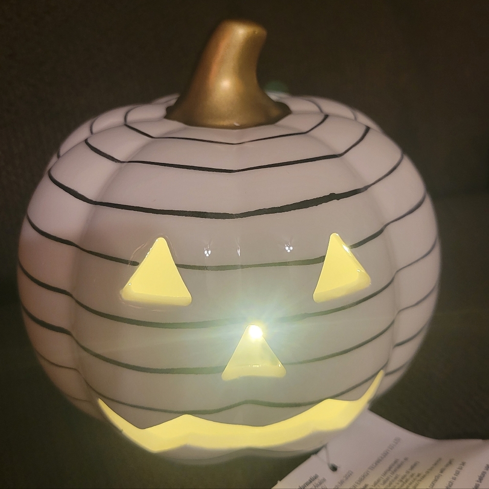 Gold Stem Orange Pumpkin & White Ceramic Pumpkin With Black Circles Pattern - Picture 9 of 11